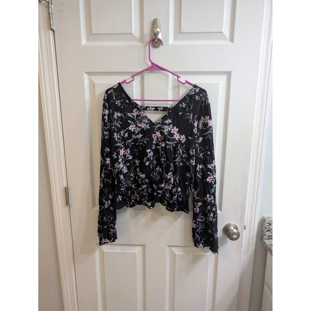 Express Floral Print Long Sleeve V Neck Criss Cross Back Cropped Top - Size S